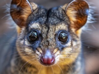Obraz premium Extreme close up of mountain brushtail possums textured fur and alert eyes ultra macro lens hyper realistic detail dramatic natural lighting professional wildlife photography