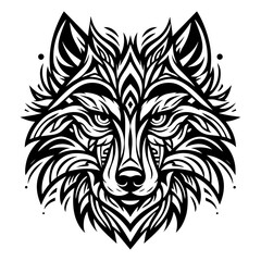 Intricate tribal wolf head artwork with geometric details