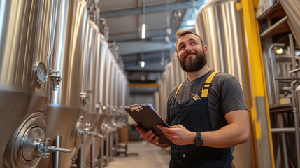 brewery worker inspects fermentation tanks with clipboard, showcasing thoughtful expression in modern brewing facility