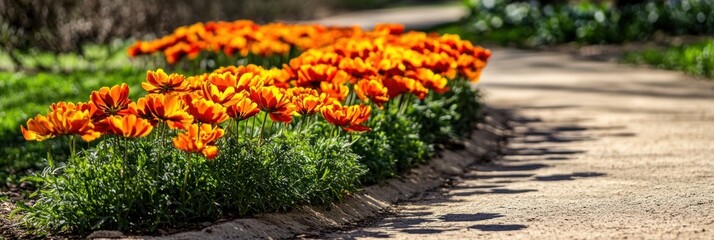 Vibrant orange tulips line a garden path