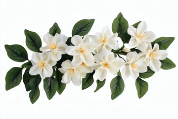 Obraz premium Blooming White Flowers with Green Leaves Elegant Floral Still Life on White Background Botanical Decorative Arrangement