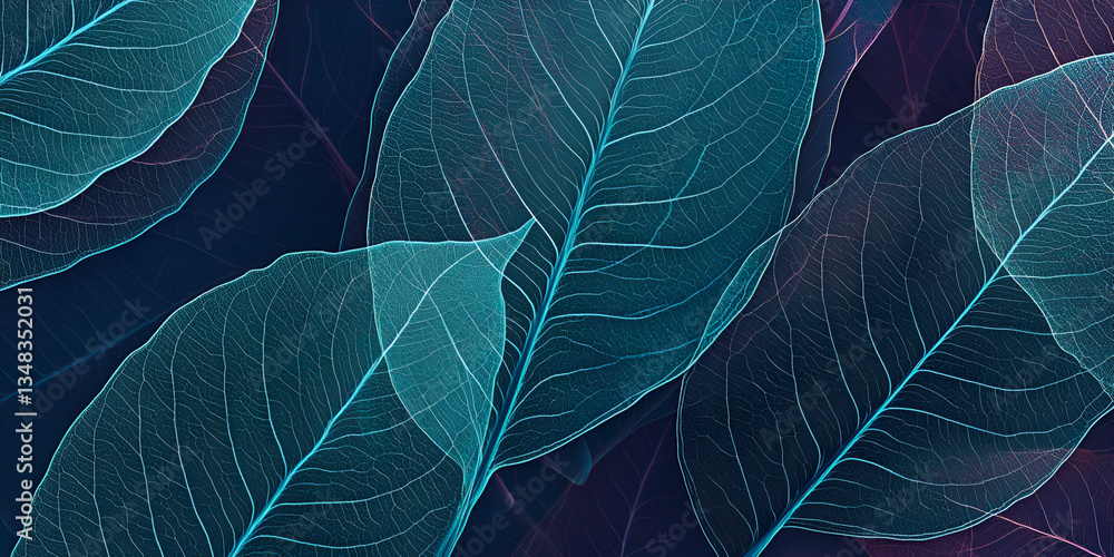 Poster close-up of translucent leaves with delicate veins, overlapping each other on dark background.