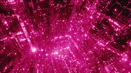 Abstract digital cityscape, vibrant pink glow