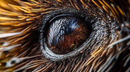 Extreme close up of echidnas eye glossy surface reflecting surrounding forest intricate details of coarse fur tiny facial textures captured razor sharp precision making ideal fine art macro photograph