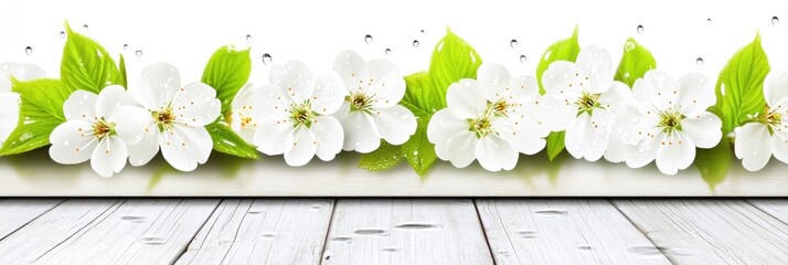 Delicate white blossoms and leaves on a light wood surface