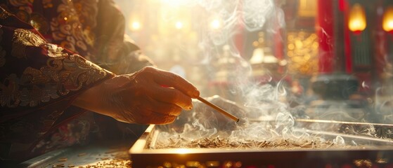 Obraz premium Serene moment of incense burning in a traditional temple, with soft light illuminating the scene