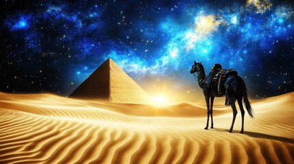 Desert pyramid at sunrise, camel in foreground, starry night sky