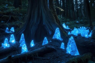 bioluminescent crystal structures emerging from ancient tree trunks glowing blue fungi networks ethereal forest integration