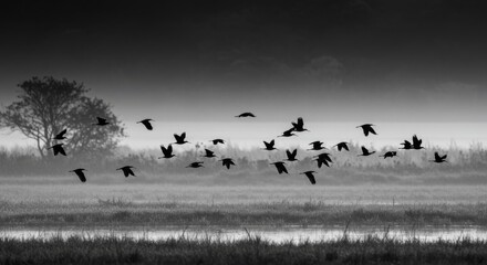 Flock of Birds in Flight Over Foggy Field