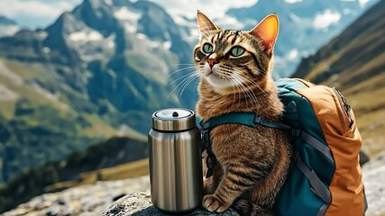 Cat wearing a backpack sits beside a metal water bottle, taking in scenic mountain views. Captures the essence of an adventurous pet on an outdoor journey