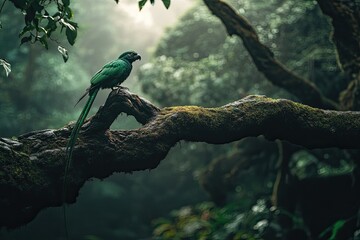 Emerald parrot perched on a mossy branch in a misty rainforest