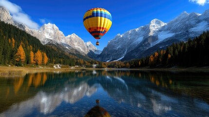 Fototapeta premium Colorful hot air balloon over a serene mountain lake, autumn foliage, and snow-capped peaks. Tranquil alpine landscape