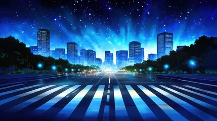 Night city street scene with vibrant blue light, featuring a highway, skyscrapers, and trees