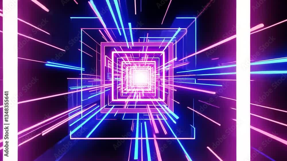Poster futuristic light tunnel abstract animation with glowing neon lines and squares