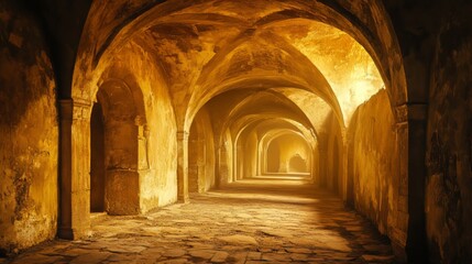 Obraz premium Mysterious golden-lit ancient corridor with arches and textured stone floor.