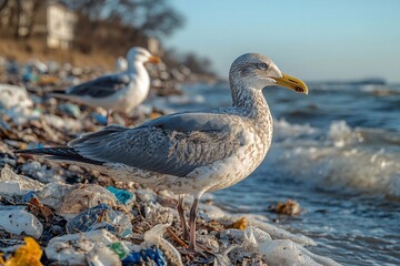 
Animals among the garbage on the coast : Birds or marine animals feeding on garbage on the beach, the image highlights how waste can harm marine fauna.

