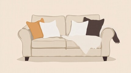 Elegant Beige Sofa with Cozy Throw and Pillows, Perfect for a Relaxing Living Room