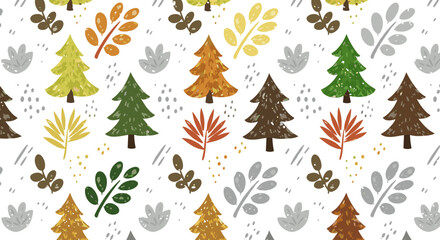 Autumn and Winter Tree Pattern with Nature Elements