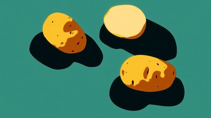 Three Potatoes on a Teal Background. Simple and Modern Food Illustration. Minimalist Potato Art Print.  A Fresh and Healthy Food Poster Design.