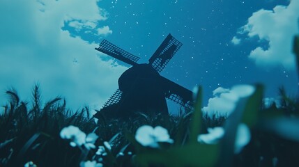 Silhouette windmill at night, nestled in a field of wildflowers under a starlit sky