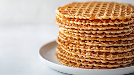 Obraz premium A tall stack of golden waffles served on a white plate