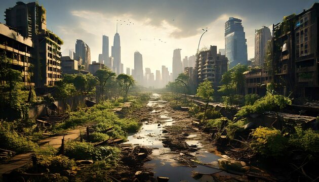 A massive city skyline overtaken by nature. Trees and vines grow through shattered skyscrape