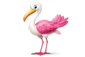 Fototapeta premium Cartoon pink bird, side view, against white background. Possible use children's book illustration