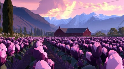Peaceful rural landscape at sunset, vibrant purple tulips in a field