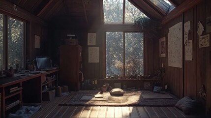 Cozy, sunlit cabin workspace