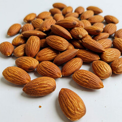 Almonds placed on a white background showcasing their texture and natural color in a simple composition