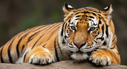 Fototapeta premium Majestic Tiger Portrait: Orange and Black Stripes, Intense Gaze