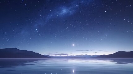 Serene night sky over a tranquil lake reflecting mountains