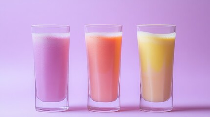 Three pastel-colored smoothies in a row.