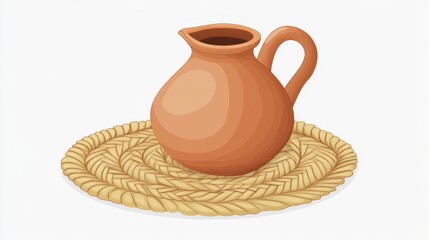 Antique Earthenware Pitcher on Woven Placemat: A Simple Rustic Illustration