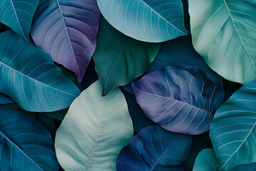 A creative, artistic arrangement of large, overlapping leaves in cool tones of blue, teal, and purple.