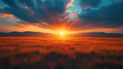 Obraz premium Bright sun sets behind mountains, casting warm orange and yellow tones across vast grassy plains. Dramatic clouds enhance the tranquil beauty of dusk in this serene landscape
