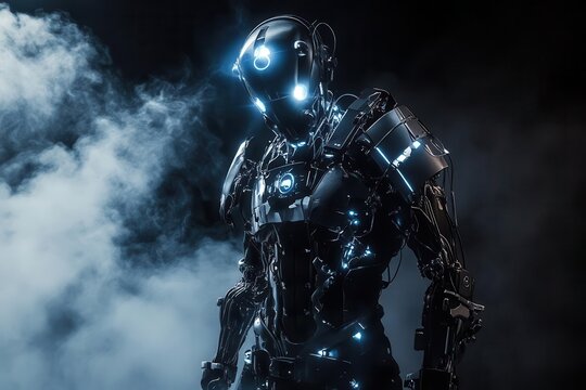 biomechanical exoskeleton suit with glowing energy cores sleek chrome and matte black finish atmospheric fog and dramatic lighting