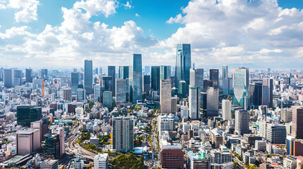 Aerial View of Modern Cityscape with Highrise Buildings under Blue Sky
