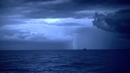 Stormy sea at night with lightning