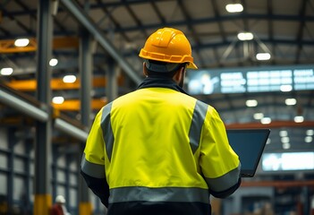 Worker Using Laptop in Manufacturing Facility Wearing Yellow Hard Hat