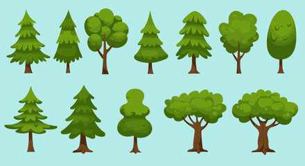 Stylized Cartoon Trees with Blue Sky Background