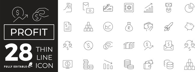 Profit Icon set of web and mobile in thin line style. Financial Profit Icons & Symbols Containing savings, finance, growth, investment, payment and more
