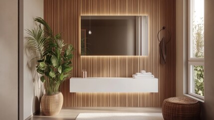 Modern, minimalist bathroom with warm wood accents and natural elements