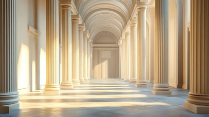 Walking Through Grand Hallway with Columns and Light Architecture Perspective