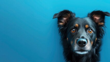 Fototapeta premium Close-up of Black Dog Looking at Viewer on Blue Background