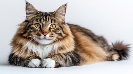 Playful maine coon cat resting on soft surface indoor setting high-quality pet photography close-up view