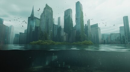 Post-apocalyptic cityscape submerged in water, nature reclaims abandoned structures