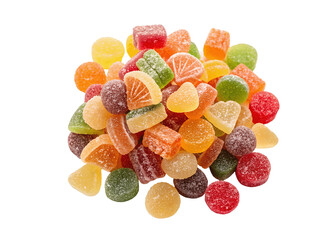 Heap of vibrant jelly candies in mixed fruity flavors, soft and chewy texture, isolated on a white transparent background, professional cutout for packaging or design