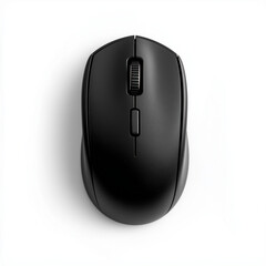 A black computer mouse sits centered on a white background. The mouse has a standard two-button design with a scroll wheel in the middle