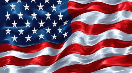 Obraz premium The United States flag unfurls in the wind, showcasing its bright red stripes and blue field adorned with white stars. The vivid colors contrast beautifully against a clear sky